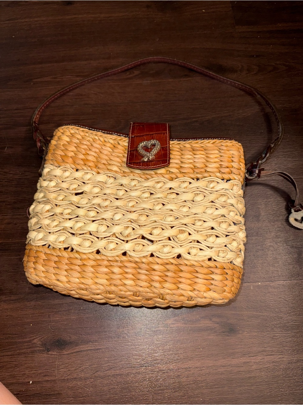 Woven Straw Shoulder Bag with Leather Trim - Natural